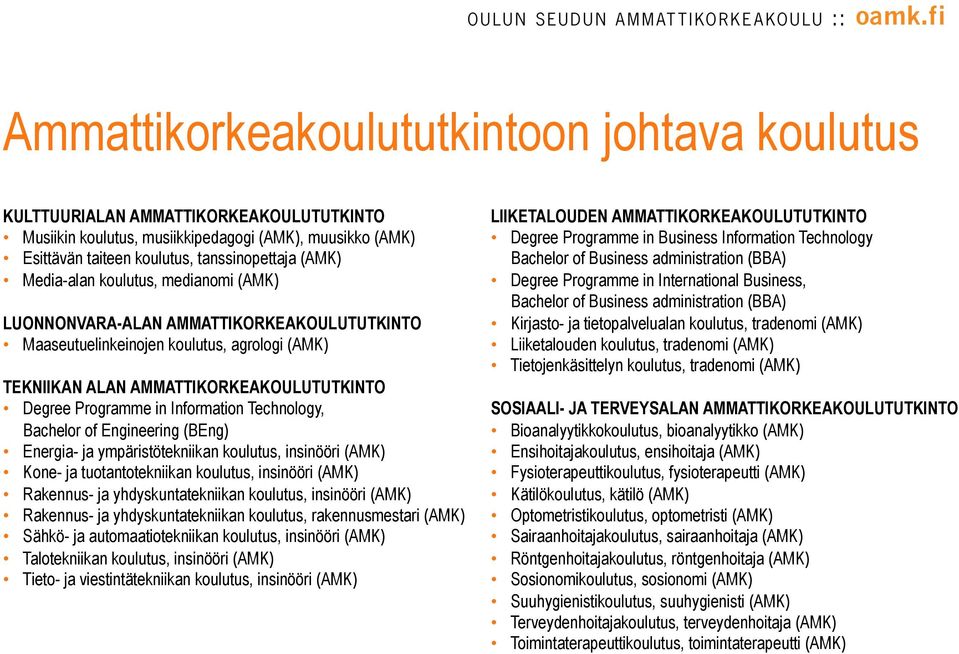 Information Technology, Bachelor of Engineering (BEng) Energia- ja ympäristötekniikan koulutus, insinööri (AMK) Kone- ja tuotantotekniikan koulutus, insinööri (AMK) Rakennus- ja yhdyskuntatekniikan