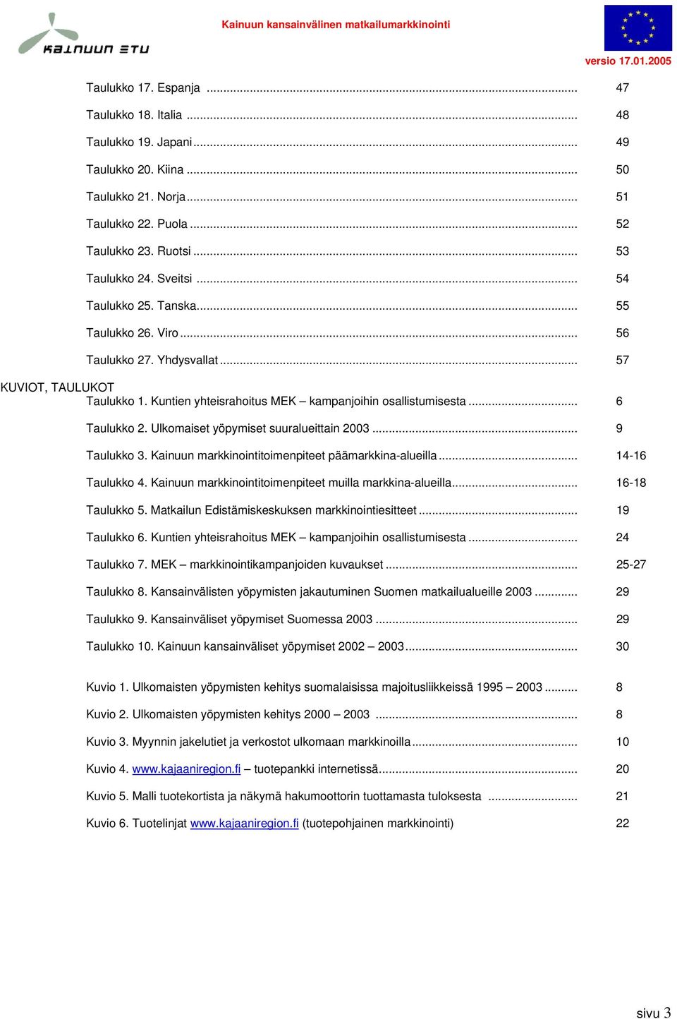 Ulkomaiset yöpymiset suuralueittain 23... 9 Taulukko 3. Kainuun markkinointitoimenpiteet päämarkkina-alueilla... 4-6 Taulukko 4. Kainuun markkinointitoimenpiteet muilla markkina-alueilla.