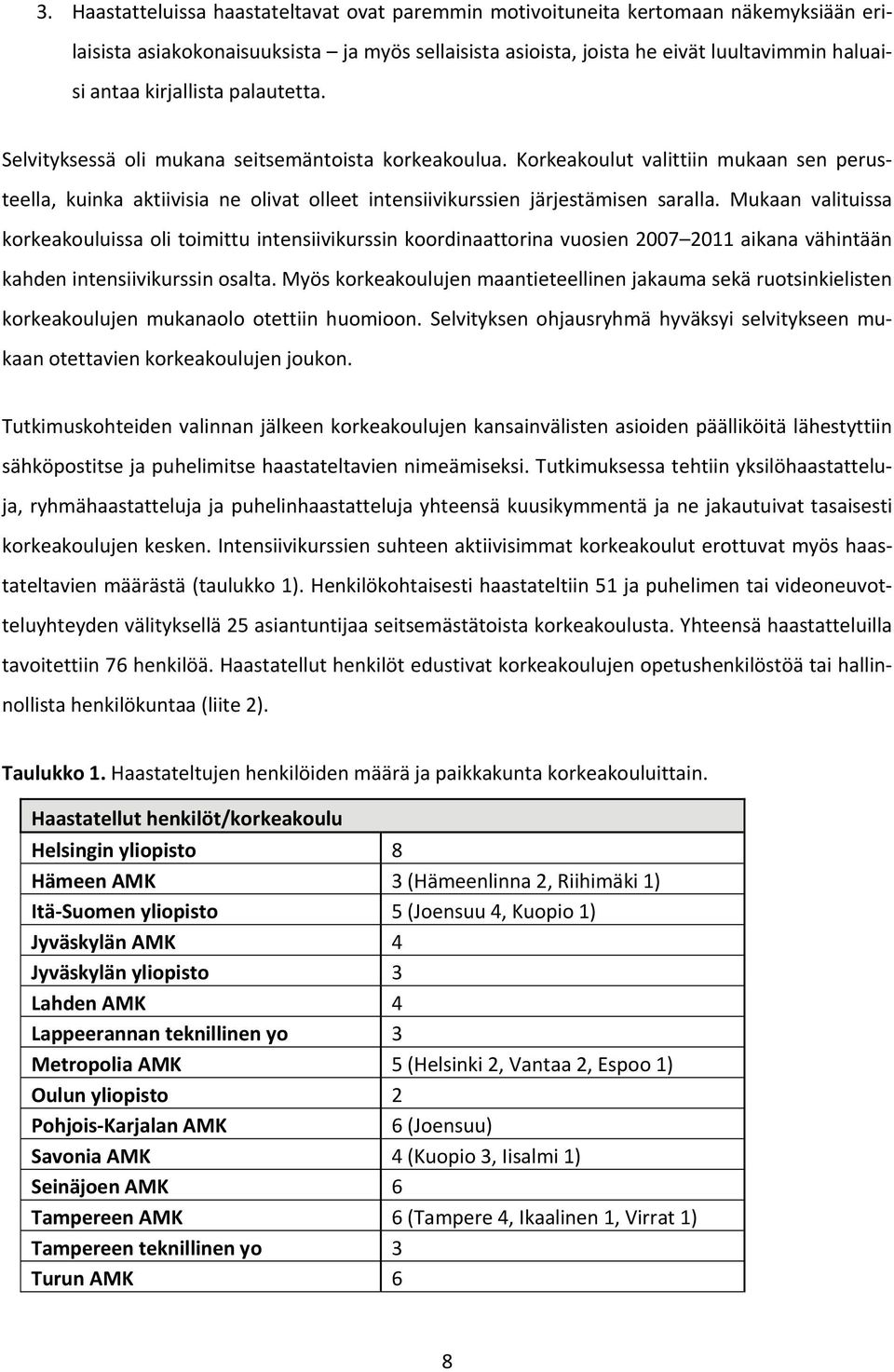 Korkeakoulut valittiin mukaan sen perusteella, kuinka aktiivisia ne olivat olleet intensiivikurssien järjestämisen saralla.