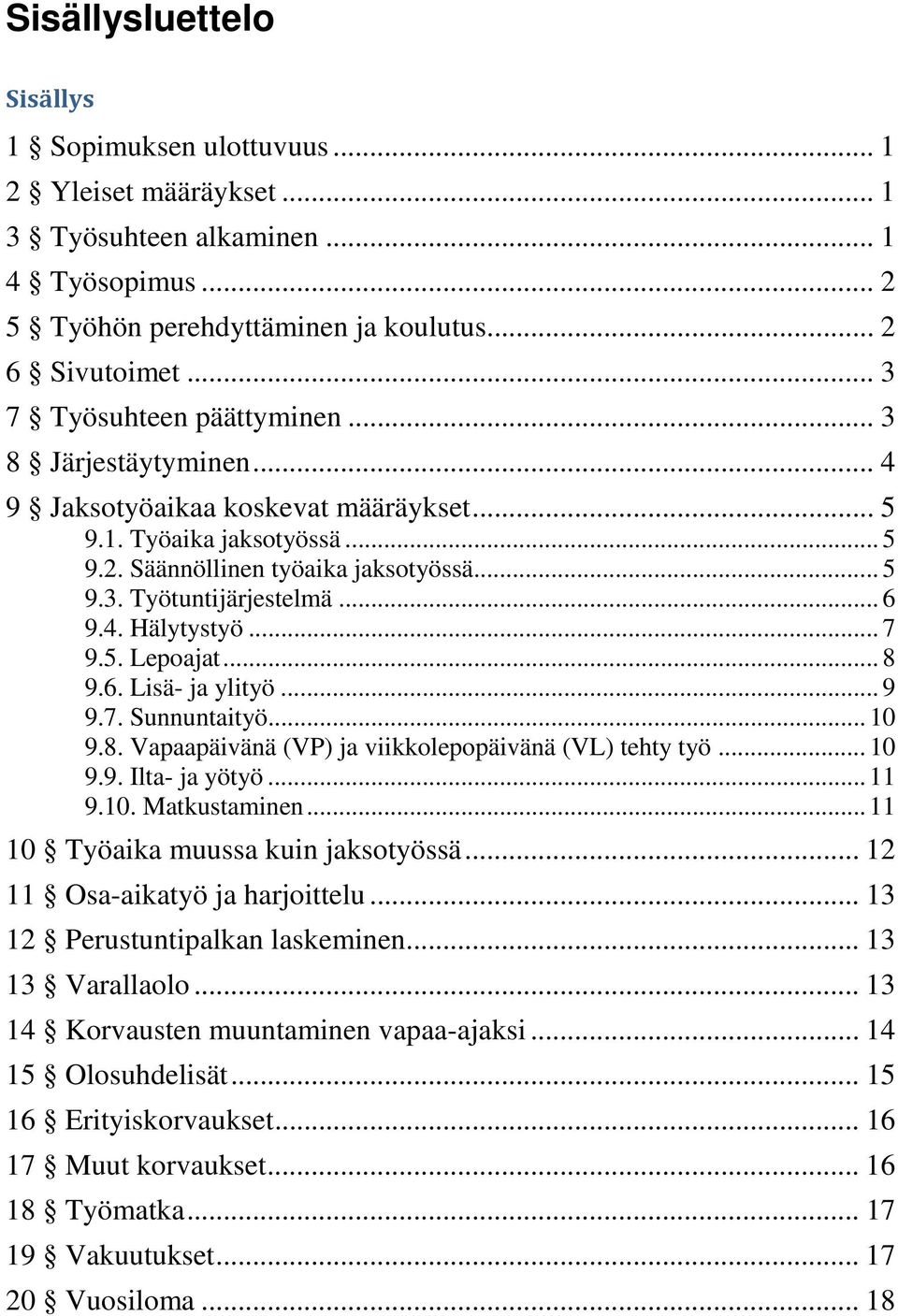 .. 6 9.4. Hälytystyö... 7 9.5. Lepoajat... 8 9.6. Lisä- ja ylityö... 9 9.7. Sunnuntaityö... 10 9.8. Vapaapäivänä (VP) ja viikkolepopäivänä (VL) tehty työ... 10 9.9. Ilta- ja yötyö... 11 9.10. Matkustaminen.