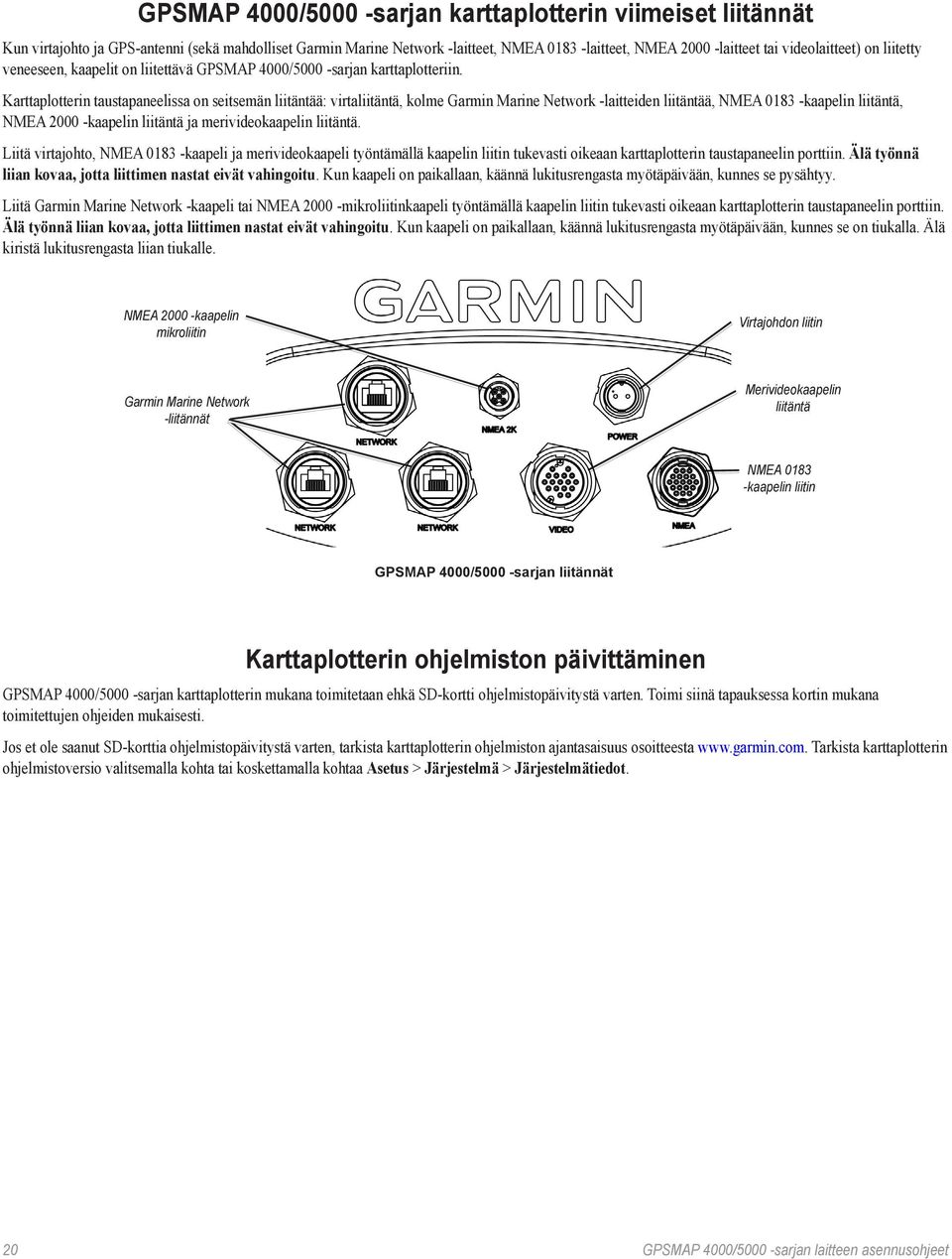 Karttaplotterin taustapaneelissa on seitsemän liitäntää: virtaliitäntä, kolme Marine Network laitteiden liitäntää, kaapelin liitäntä, NMEA 2000 kaapelin liitäntä ja merivideokaapelin liitäntä.