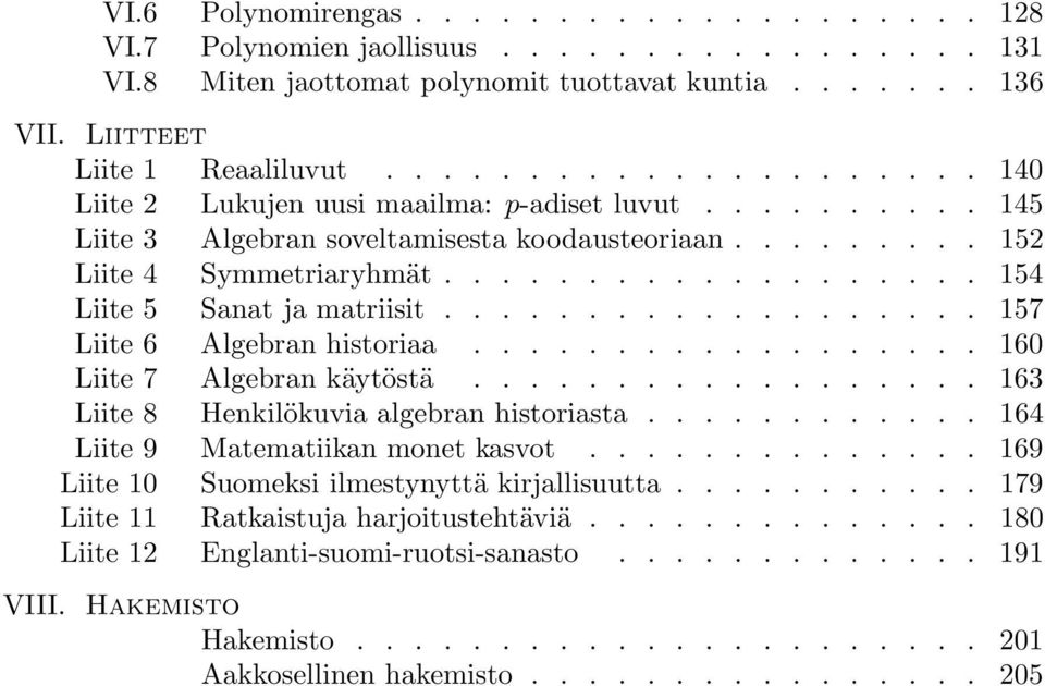 .................. 154 Liite 5 Sanat ja matriisit................... 157 Liite 6 Algebran historiaa.................. 160 Liite 7 Algebran käytöstä.................. 163 Liite 8 Henkilökuvia algebran historiasta.