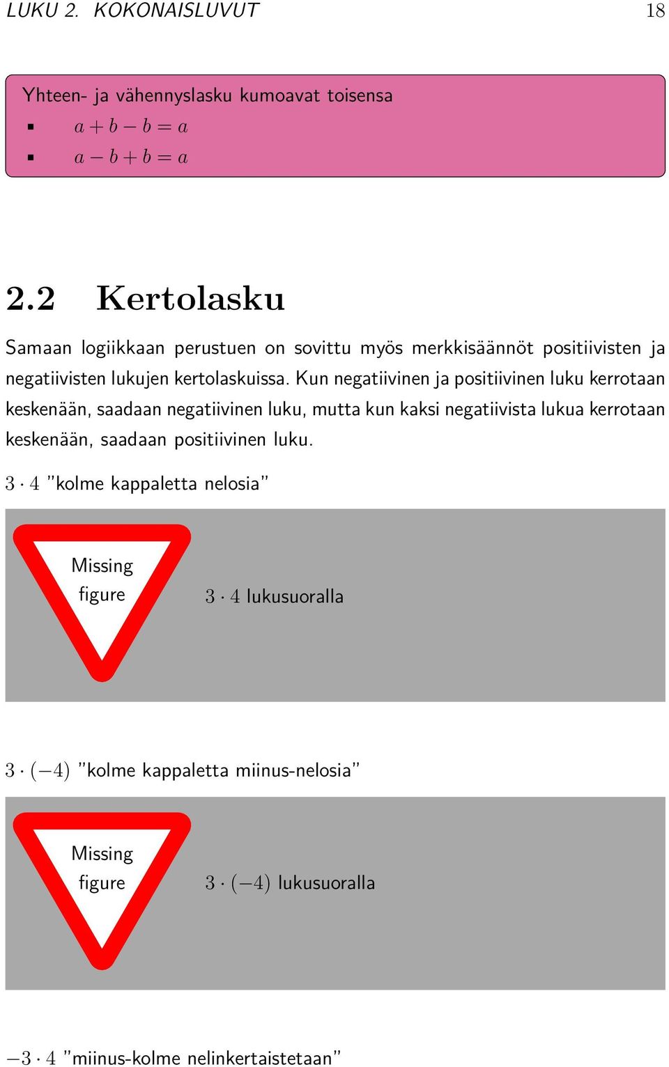 Kun negatiivinen ja positiivinen luku kerrotaan keskenään, saadaan negatiivinen luku, mutta kun kaksi negatiivista lukua kerrotaan