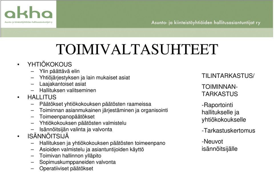 valinta ja valvonta ISÄNNÖITSIJÄ Hallituksen ja yhtiökokouksen päätösten toimeenpano Asioiden valmistelu ja asiantuntijoiden käyttö Toimivan hallinnon ylläpito