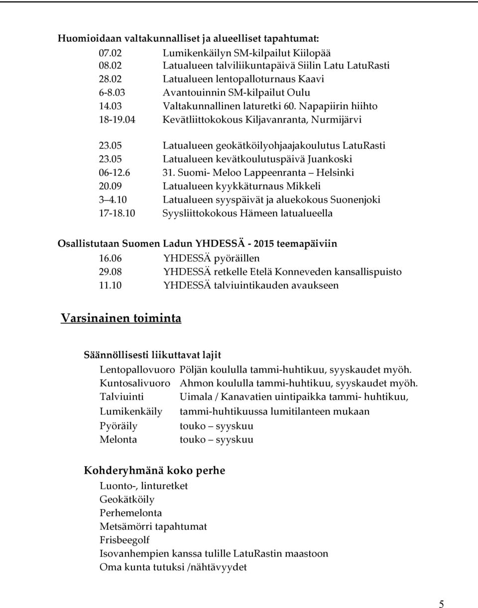 05 Latualueen geokätköilyohjaajakoulutus LatuRasti 23.05 Latualueen kevätkoulutuspäivä Juankoski 06-12.6 31. Suomi- Meloo Lappeenranta Helsinki 20.09 Latualueen kyykkäturnaus Mikkeli 3 4.