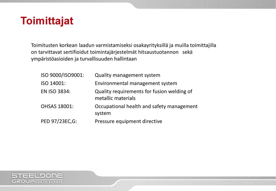 ISO 14001: EN ISO 3834: OHSAS 18001: PED 97/23EC,G: Quality management system Environmental management system Quality