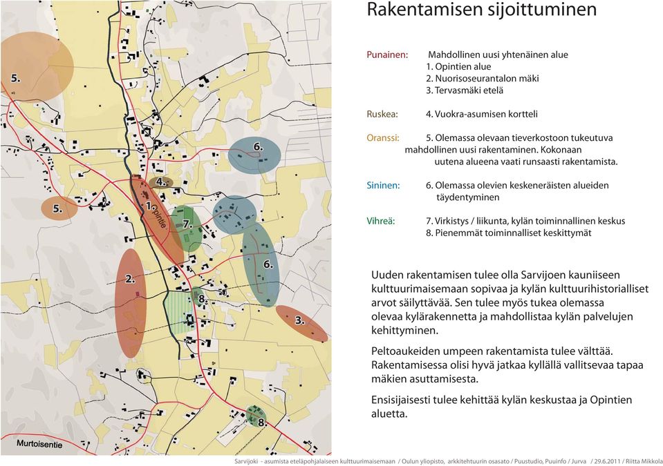 Olemassa olevien keskeneräisten alueiden täydentyminen 7. Virkistys / liikunta, kylän toiminnallinen keskus 8. Pienemmät toiminnalliset keskittymät 2. 8. 6. 3.