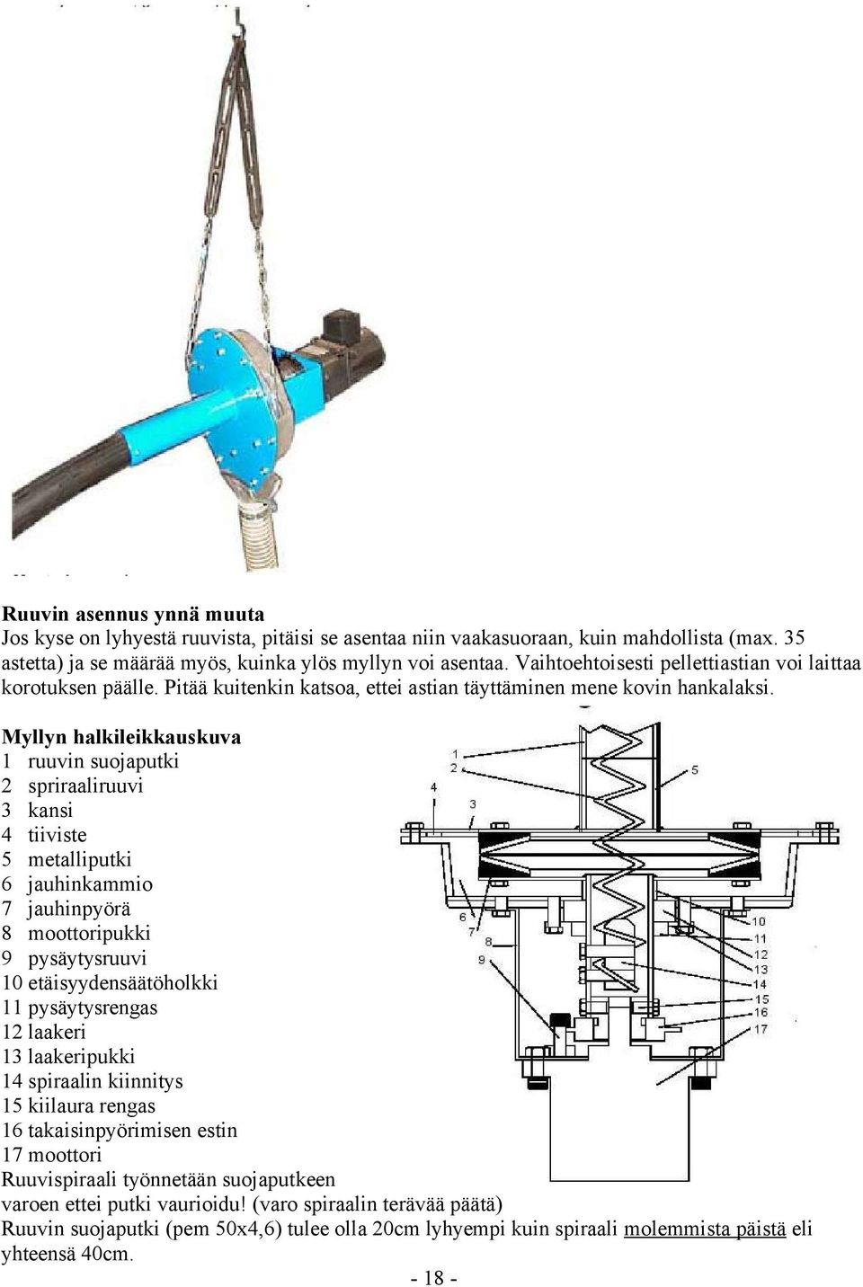 Myllyn halkileikkauskuva 1 ruuvin suojaputki 2 spriraaliruuvi 3 kansi 4 tiiviste 5 metalliputki 6 jauhinkammio 7 jauhinpyörä 8 moottoripukki 9 pysäytysruuvi 10 etäisyydensäätöholkki 11 pysäytysrengas