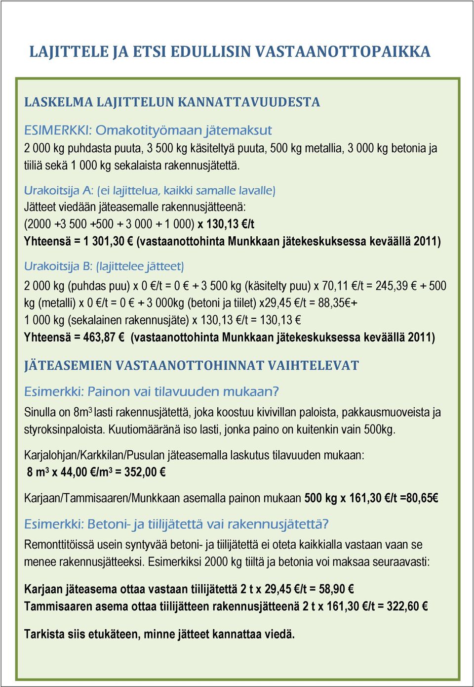 Urakoitsija A: (ei lajittelua, kaikki samalle lavalle) Jätteet viedään jäteasemalle rakennusjätteenä: (2000 +3 500 +500 + 3 000 + 1 000) x 130,13 /t Yhteensä = 1 301,30 (vastaanottohinta Munkkaan