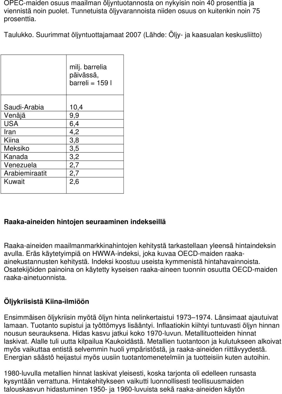 barrelia päivässä, barreli = 159 l Saudi-Arabia 10,4 Venäjä 9,9 USA 6,4 Iran 4,2 Kiina 3,8 Meksiko 3,5 Kanada 3,2 Venezuela 2,7 Arabiemiraatit 2,7 Kuwait 2,6 Raaka-aineiden hintojen seuraaminen