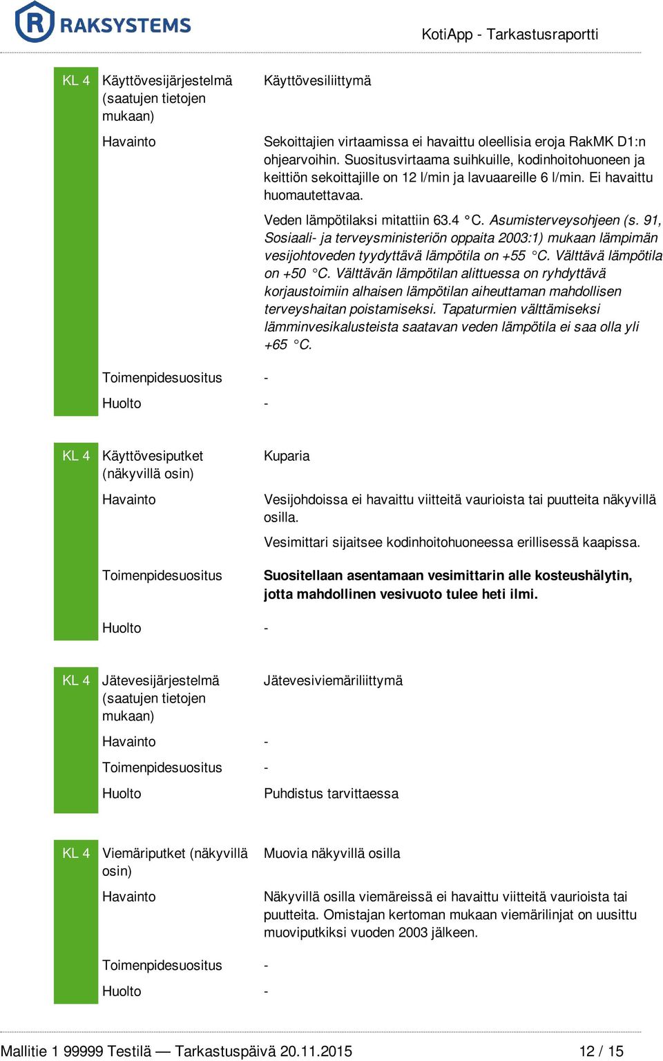 91, Sosiaali- ja terveysministeriön oppaita 2003:1) mukaan lämpimän vesijohtoveden tyydyttävä lämpötila on +55 C. Välttävä lämpötila on +50 C.