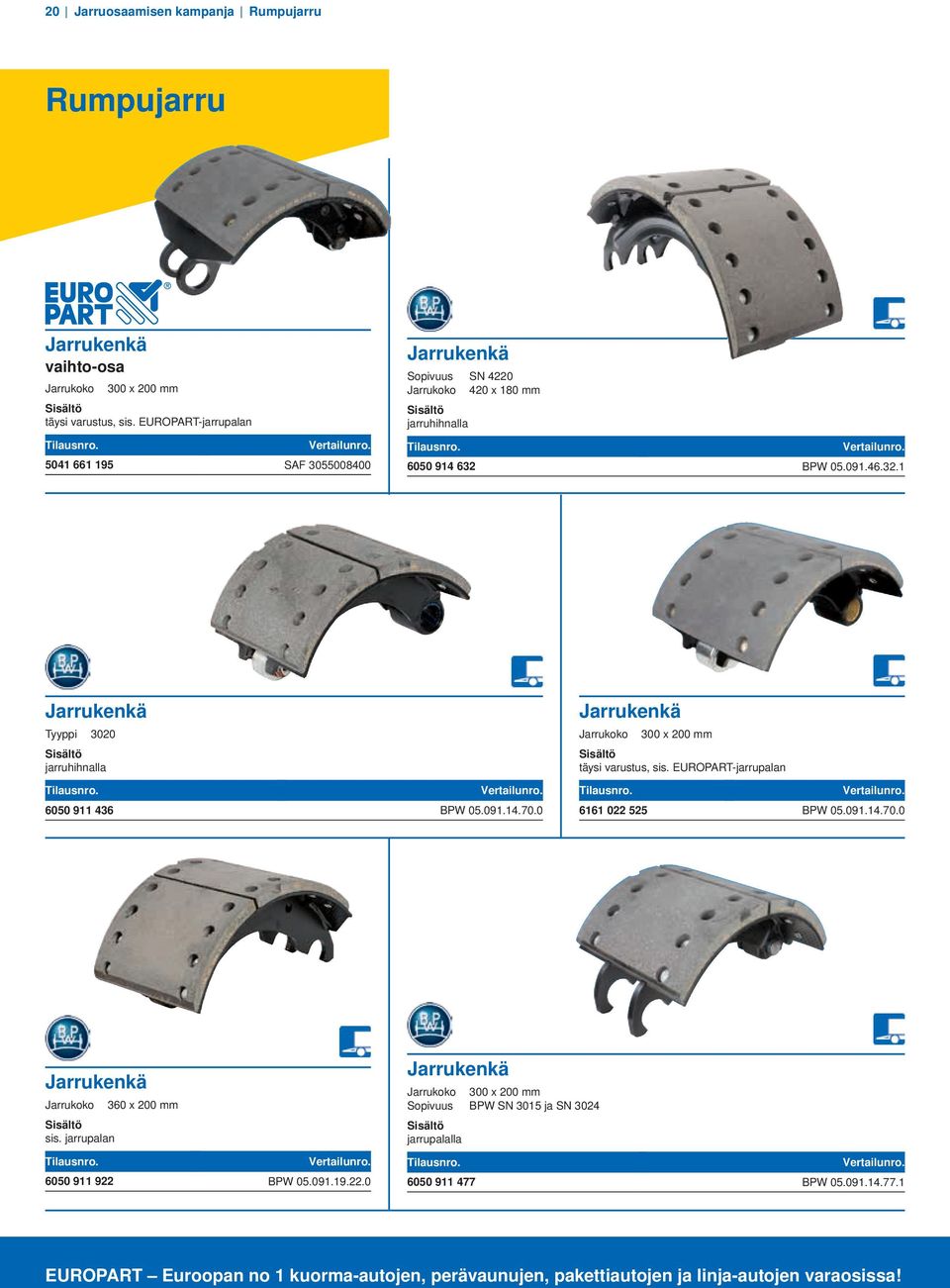 BPW 05.09.46.32. Jarrukenkä Tyyppi 3020 jarruhihnalla Jarrukenkä Jarrukoko 300 x 200 mm täysi varustus, sis. EUROPART-jarrupalan 6050 9 436 BPW 05.09.4.70.