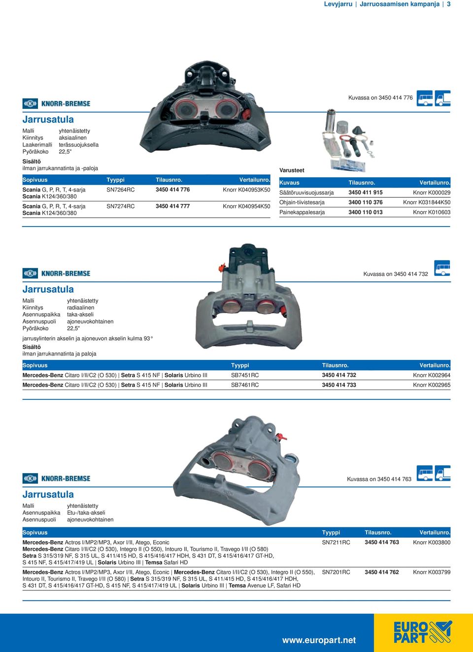 Kuvaus Säätöruuvisuojussarja 3450 4 95 Knorr K000029 Ohjain-tiivistesarja 3400 0 376 Knorr K03844K50 Painekappalesarja 3400 0 03 Knorr K00603 Kuvassa on 3450 44 732 Jarrusatula Malli yhtenäistetty