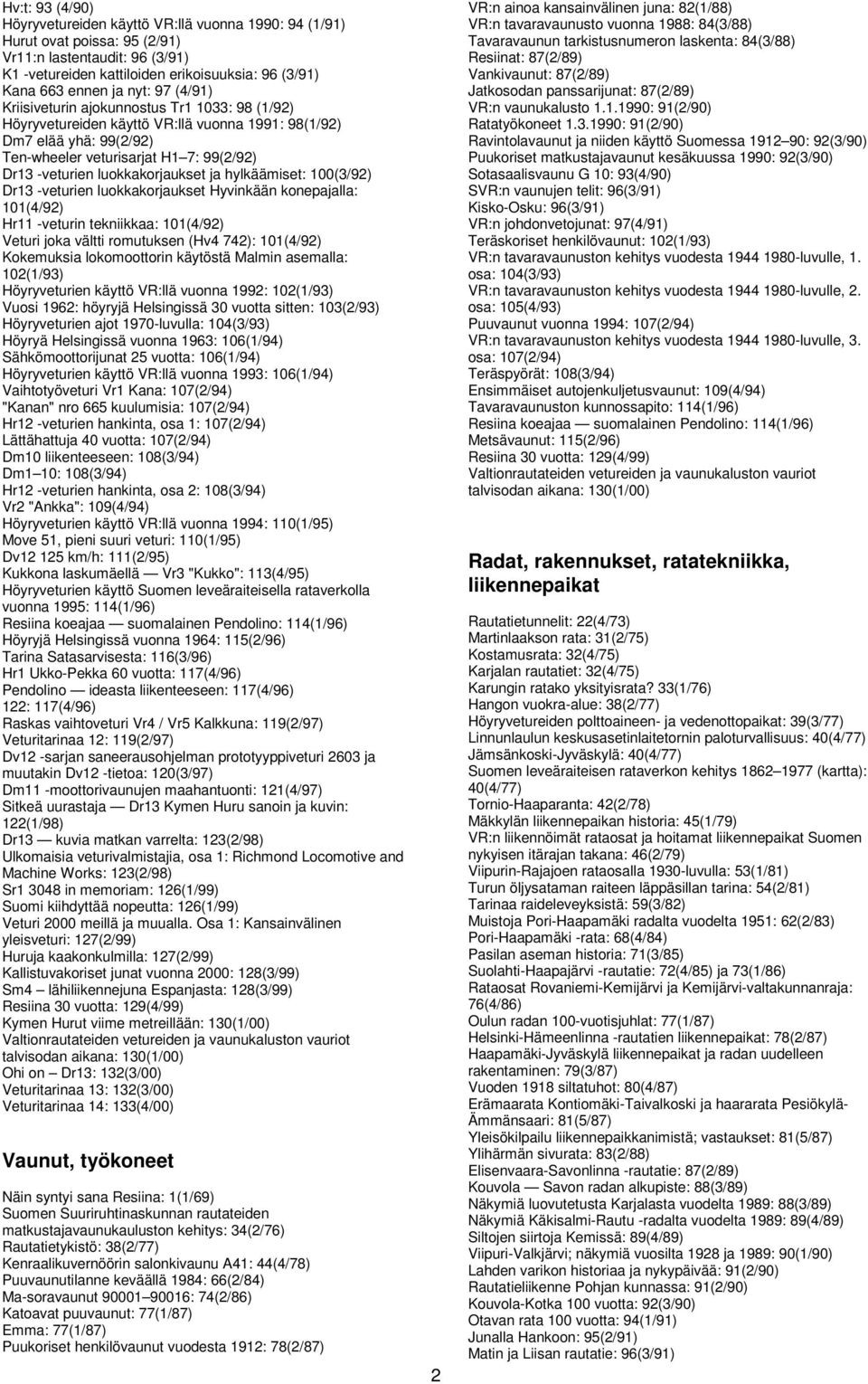 luokkakorjaukset ja hylkäämiset: 100(3/92) Dr13 -veturien luokkakorjaukset Hyvinkään konepajalla: 101(4/92) Hr11 -veturin tekniikkaa: 101(4/92) Veturi joka vältti romutuksen (Hv4 742): 101(4/92)