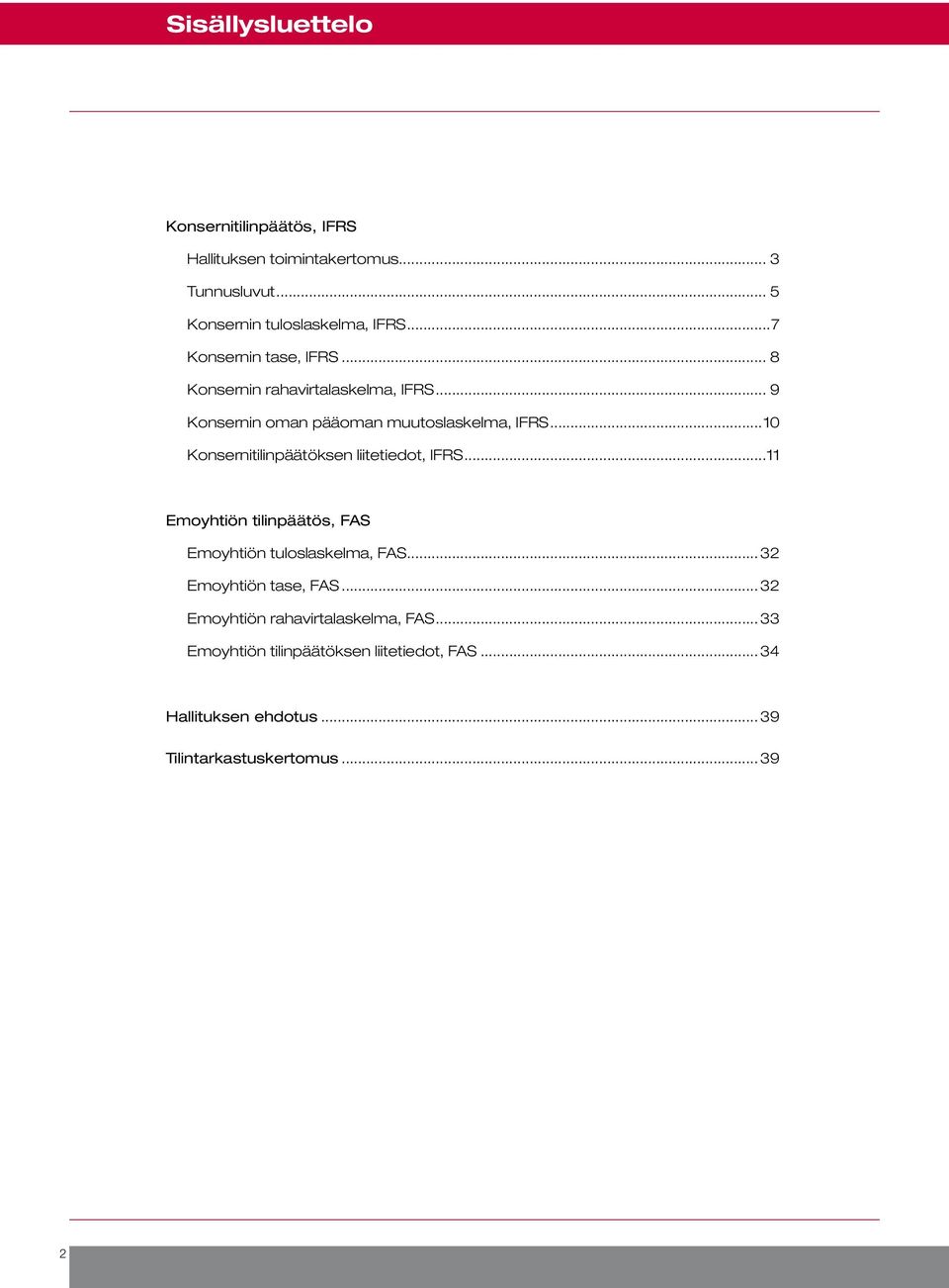 ..10 Konsernitilinpäätöksen liitetiedot, IFRS...11 Emoyhtiön tilinpäätös, FAS Emoyhtiön tuloslaskelma, FAS.