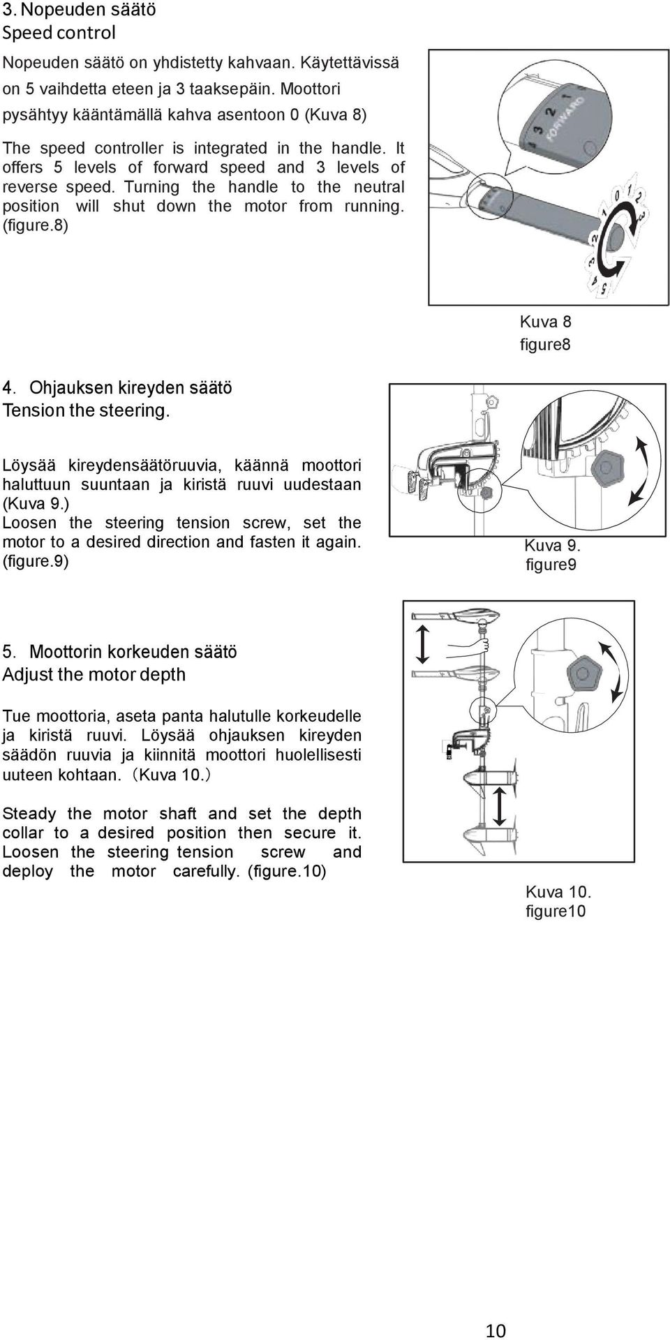 Turning the handle to the neutral position will shut down the motor from running. (figure.8) Kuva 8 figure8 4.Ohjauksen kireyden säätö Tension the steering.