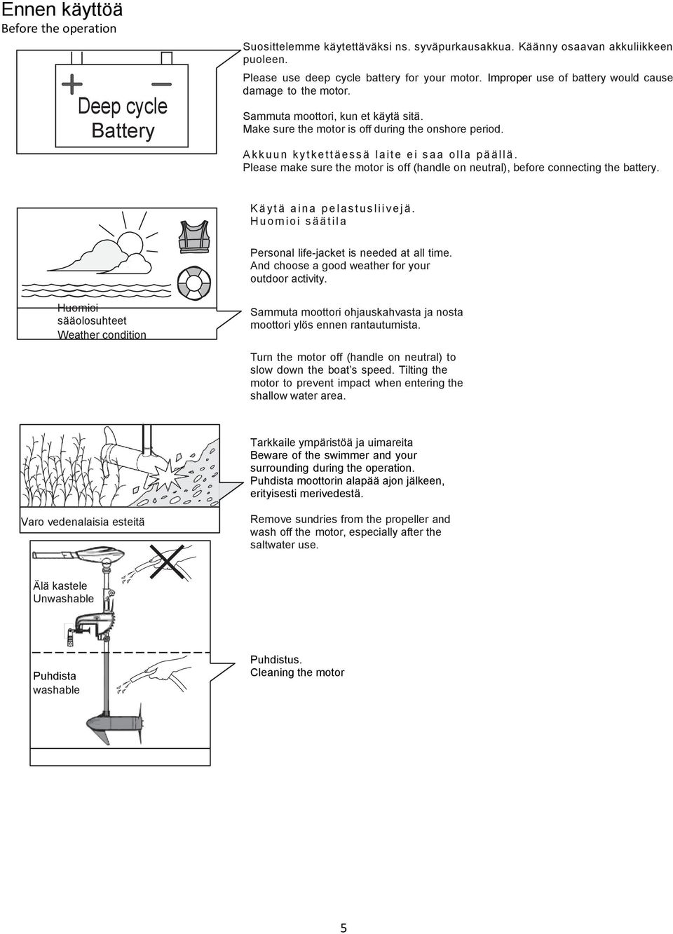 Please make sure the motor is off (handle on neutral), before connecting the battery. K ä yt ä a ina pe lastuslii v ej ä. H uom ioi sää til a Personal life-jacket is needed at all time.