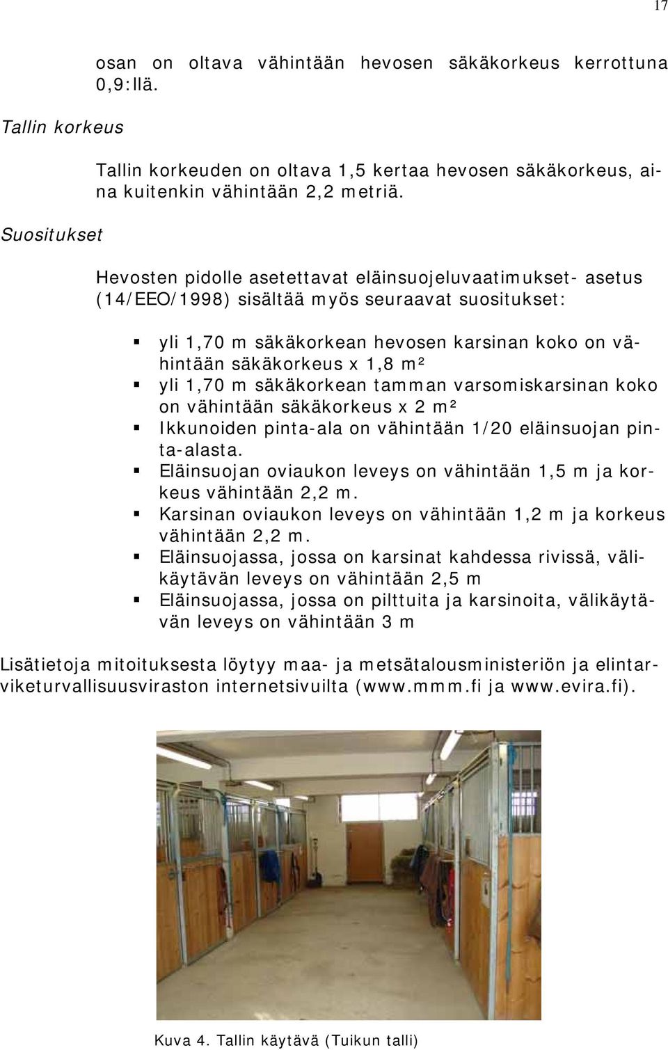 m säkäkorkean tamman varsomiskarsinan koko on vähintään säkäkorkeus x 2 m² Ikkunoiden pinta-ala on vähintään 1/20 eläinsuojan pinta-alasta.