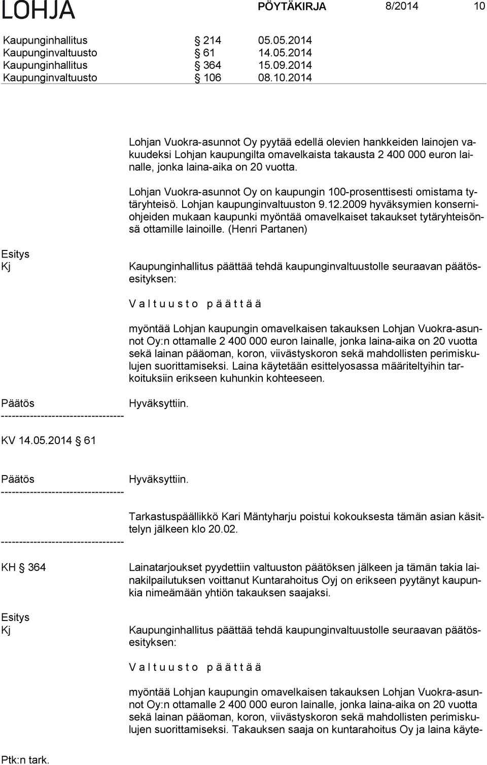 08.10.2014 Lohjan Vuokra-asunnot Oy pyytää edellä olevien hankkeiden lainojen vakuu dek si Lohjan kaupungilta omavelkaista takausta 2 400 000 euron lainal le, jonka laina-aika on 20 vuotta.