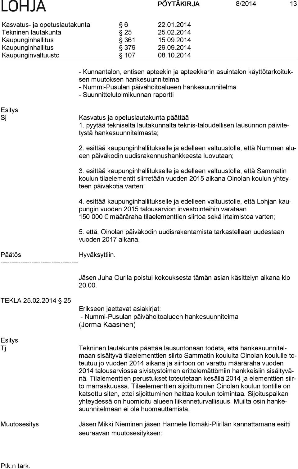 2014 - Kunnantalon, entisen apteekin ja apteekkarin asuintalon käyt tö tar koi tuksen muutoksen hankesuunnitelma - Nummi-Pusulan päivähoitoalueen hankesuunnitelma - Suunnittelutoimikunnan raportti Sj