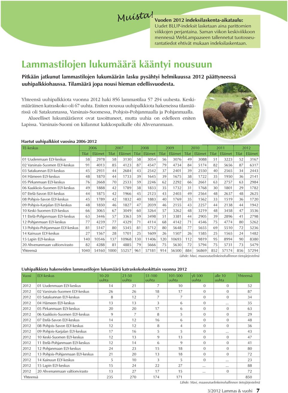 Lammastilojen lukumäärä kääntyi nousuun Pitkään jatkunut lammastilojen lukumäärän lasku pysähtyi helmikuussa 2012 päättyneessä uuhipalkkiohaussa. Tilamäärä jopa nousi hieman edellisvuodesta.