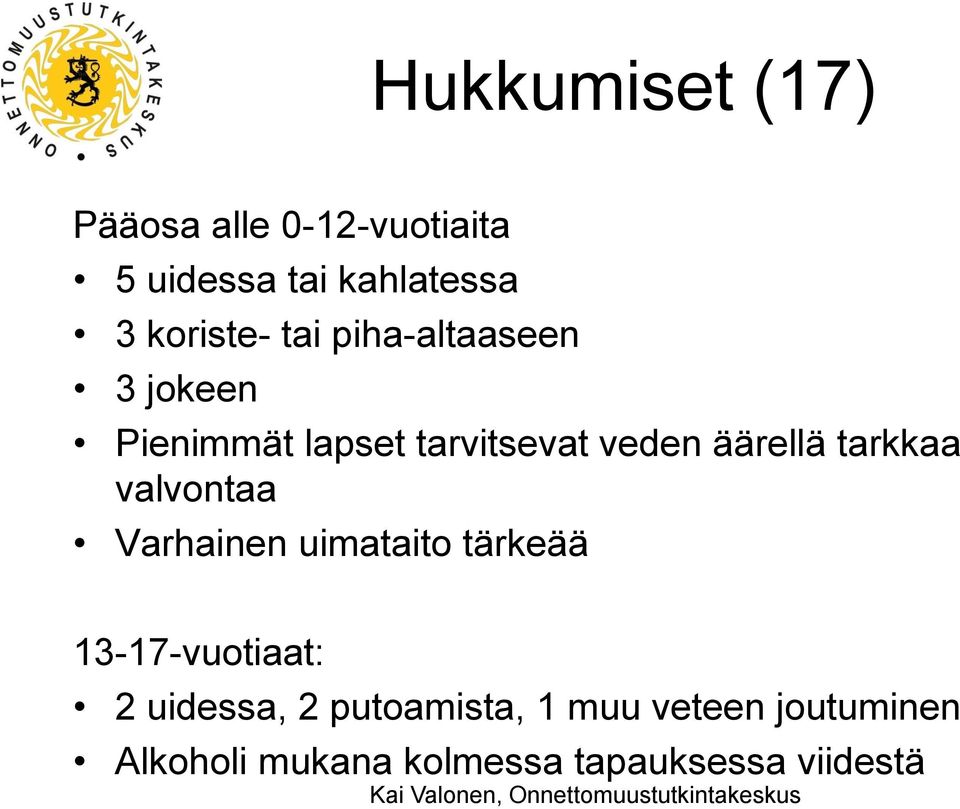 äärellä tarkkaa valvontaa Varhainen uimataito tärkeää 13-17-vuotiaat: 2