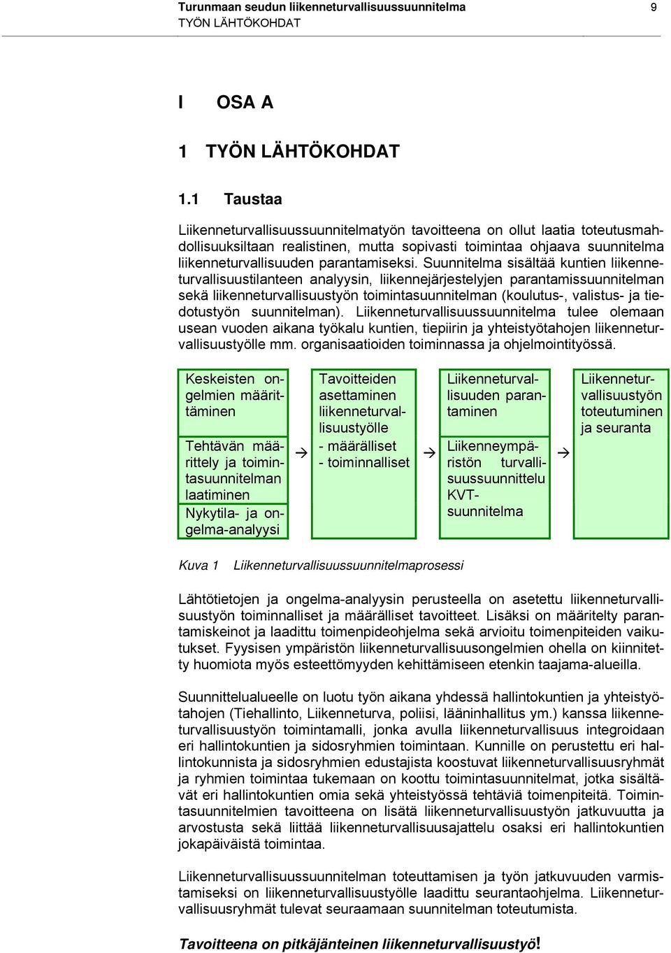 Suunnitelma sisältää kuntien liikenneturvallisuustilanteen analyysin, liikennejärjestelyjen parantamissuunnitelman sekä liikenneturvallisuustyön toimintasuunnitelman (koulutus-, valistus- ja