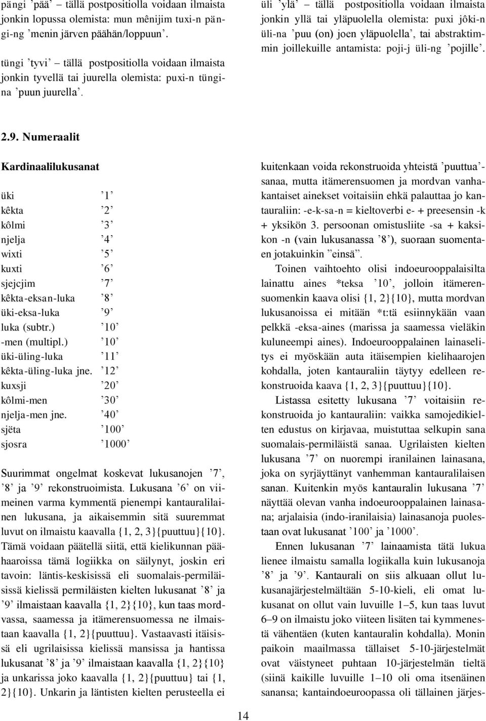 üli ylä tällä postpositiolla voidaan ilmaista jonkin yllä tai yläpuolella olemista: puxi jôki-n üli-na puu (on) joen yläpuolella, tai abstraktimmin joillekuille antamista: poji-j üli-ng pojille. 2.9.