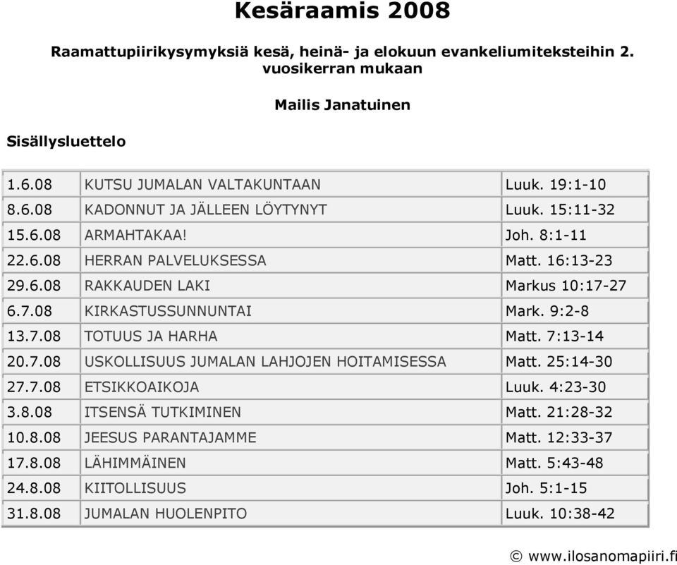 27 6.7.08 KIRKASTUSSUNNUNTAI Mark. 9:2-8 13.7.08 TOTUUS JA HARHA Matt. 7:13-14 20.7.08 USKOLLISUUS JUMALAN LAHJOJEN HOITAMISESSA Matt. 25:14-30 27.7.08 ETSIKKOAIKOJA Luuk. 4:23-30 3.