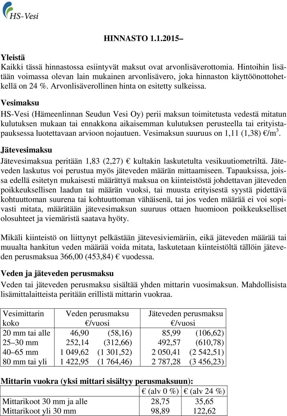 Vesimaksu HS-Vesi (Hämeenlinnan Seudun Vesi Oy) perii maksun toimitetusta vedestä mitatun kulutuksen mukaan tai ennakkona aikaisemman kulutuksen perusteella tai erityistapauksessa luotettavaan