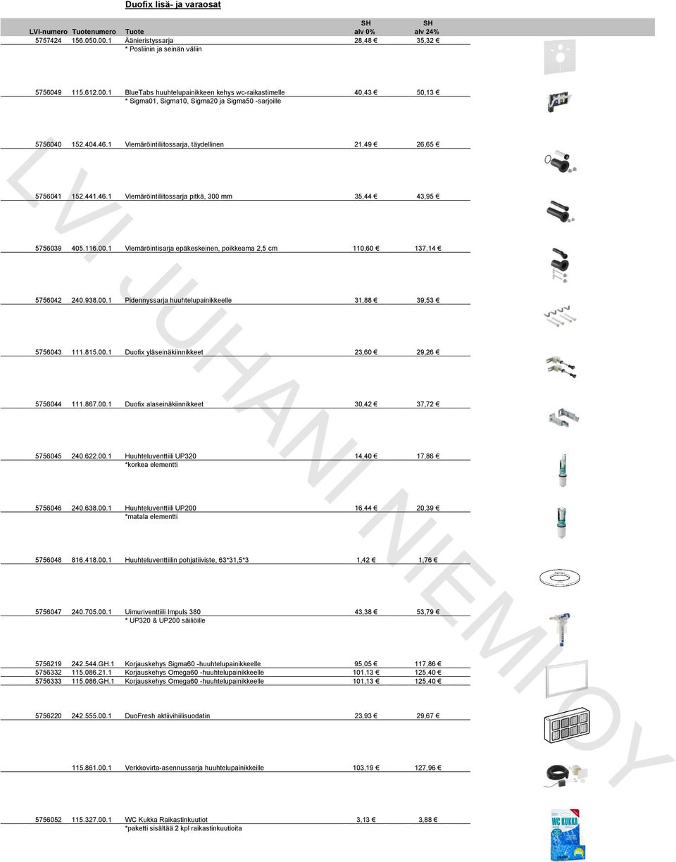 938.00.1 Pidennyssarja huuhtelupainikkeelle 31,88 39,53 5756043 111.815.00.1 Duofix yläseinäkiinnikkeet 23,60 29,26 5756044 111.867.00.1 Duofix alaseinäkiinnikkeet 30,42 37,72 5756045 240.622.00.1 Huuhteluventtiili UP320 14,40 17,86 *korkea elementti 5756046 240.