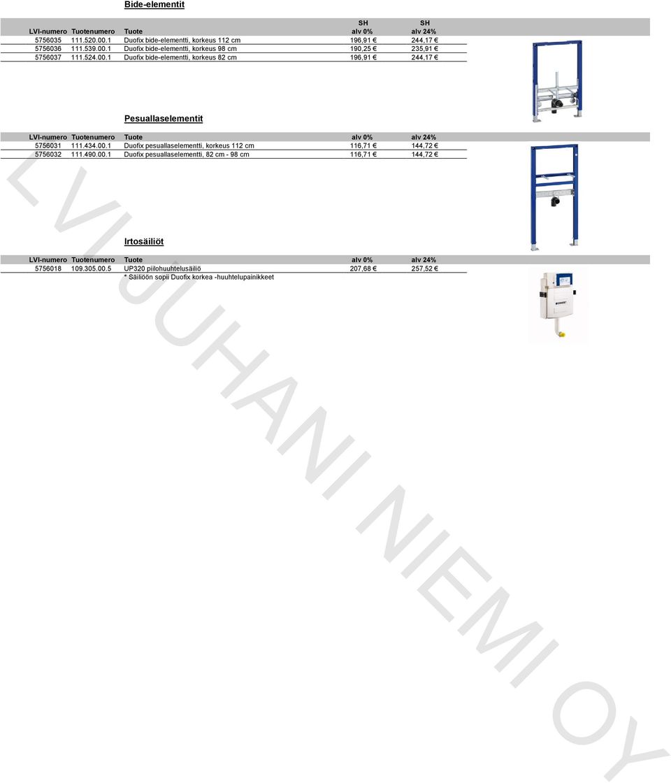 490.00.1 Duofix pesuallaselementti, 82 cm - 98 cm 116,71 144,72 Irtosäiliöt 5756018 109.305.00.5 UP320 piilohuuhtelusäiliö 207,68 257,52 * Säiliöön sopii Duofix korkea -huuhtelupainikkeet