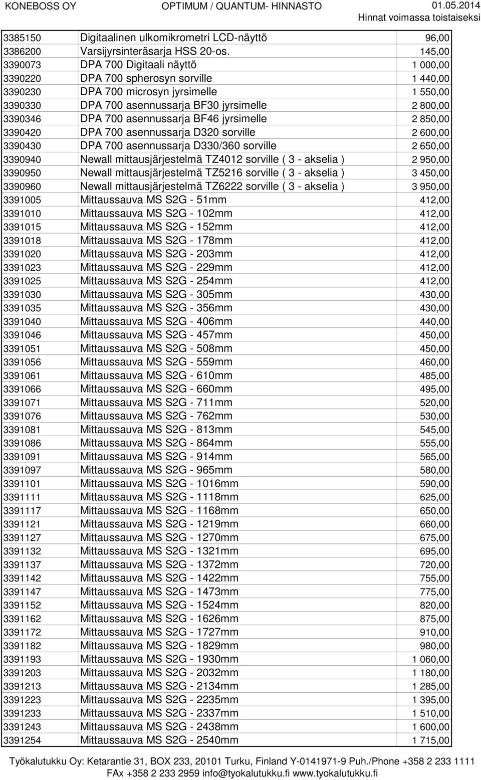 DPA 700 asennussarja BF46 jyrsimelle 2 850,00 3390420 DPA 700 asennussarja D320 sorville 2 600,00 3390430 DPA 700 asennussarja D330/360 sorville 2 650,00 3390940 Newall mittausjärjestelmä TZ4012