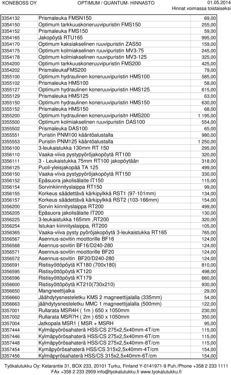 PrismaleukaFMS200 79,00 3355100 Optimum hydraulinen koneruuvipuristin HMS100 585,00 3355102 Prismaleuka HMS100 58,00 3355127 Optimum hydraulinen koneruuvipuristin HMS125 615,00 3355129 Prismaleuka