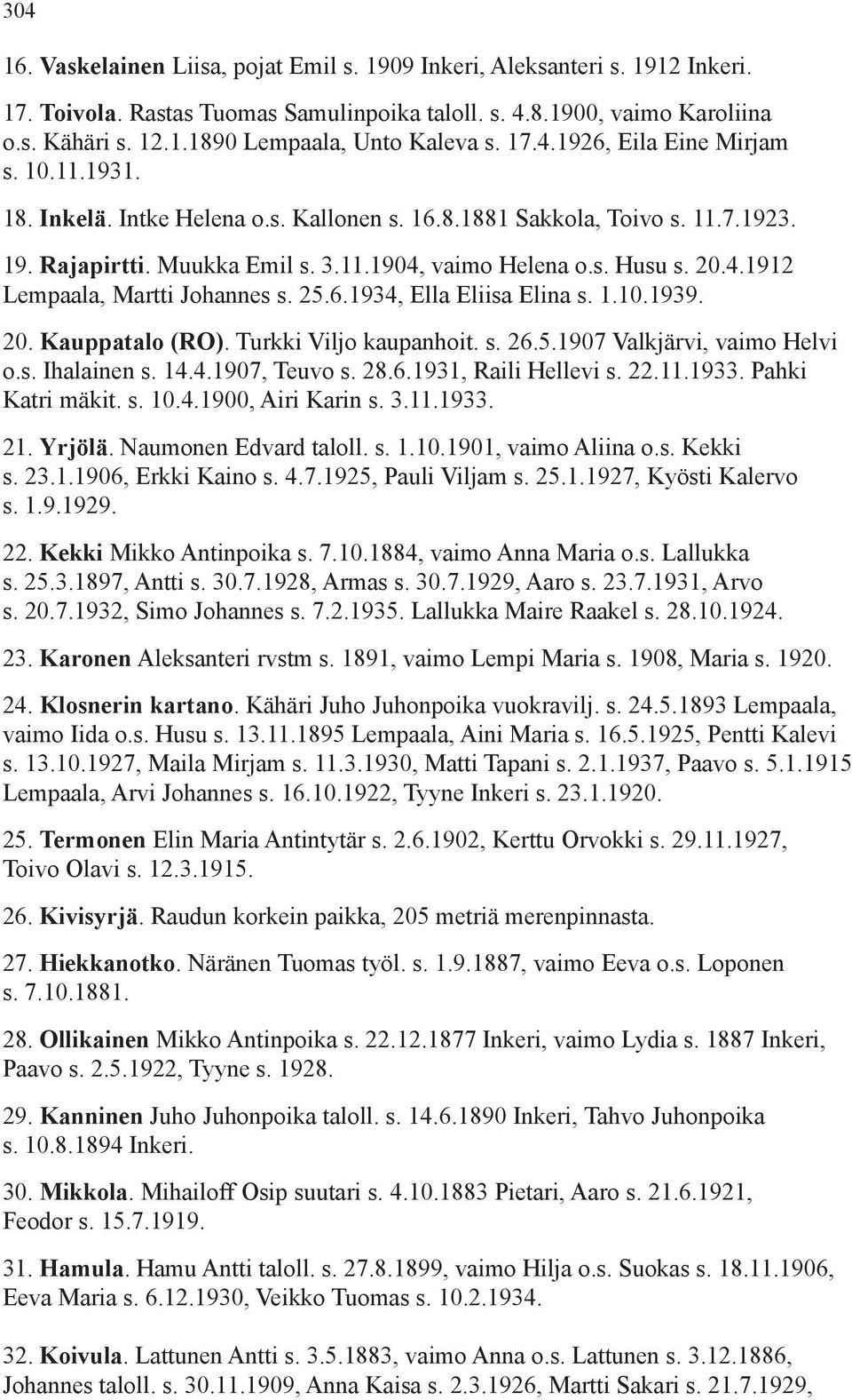 25.6.1934, Ella Eliisa Elina s. 1.10.1939. 20. Kauppatalo (RO). Turkki Viljo kaupanhoit. s. 26.5.1907 Valkjärvi, vaimo Helvi o.s. Ihalainen s. 14.4.1907, Teuvo s. 28.6.1931, Raili Hellevi s. 22.11.