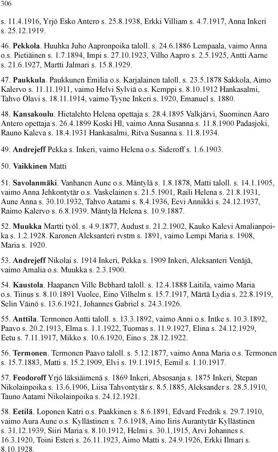 11.11.1911, vaimo Helvi Sylviä o.s. Kemppi s. 8.10.1912 Hankasalmi, Tahvo Olavi s. 18.11.1914, vaimo Tyyne Inkeri s. 1920, Emanuel s. 1880. 48. Kansakoulu. Hietalehto Helena opettaja s. 28.4.1895 Valkjärvi, Suominen Aaro Antero opettaja s.