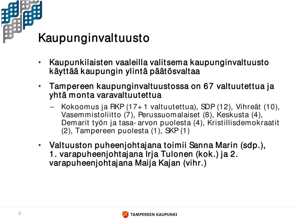 Vasemmistoliitto (7), Perussuomalaiset (8), Keskusta (4), Demarit työn ja tasa-arvon puolesta (4), Kristillisdemokraatit (2), Tampereen