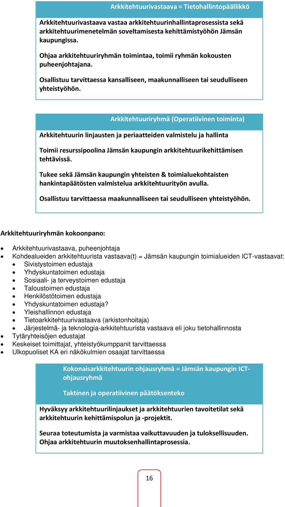 Arkkitehtuuriryhmä (Operatiivinen toiminta) Arkkitehtuurin linjausten ja periaatteiden valmistelu ja hallinta Toimii resurssipoolina Jämsän kaupungin arkkitehtuurikehittämisen tehtävissä.