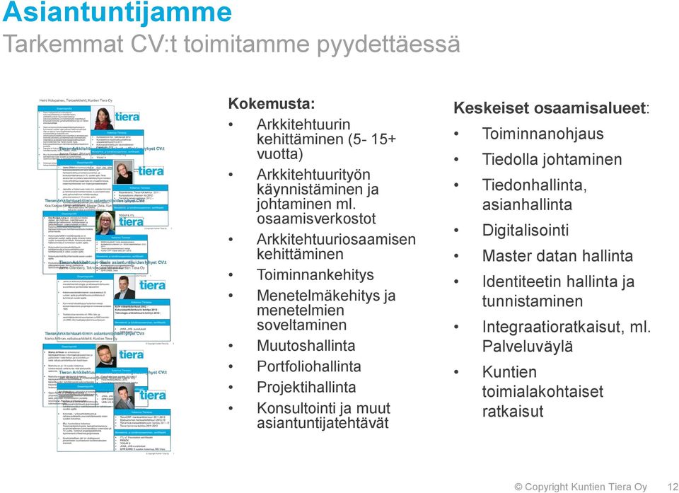 Projektihallinta Konsultointi ja muut asiantuntijatehtävät Keskeiset osaamisalueet: Toiminnanohjaus Tiedolla johtaminen Tiedonhallinta, asianhallinta