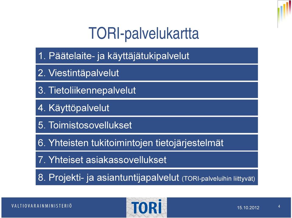 Toimistosovellukset 6. Yhteisten tukitoimintojen tietojärjestelmät 7.