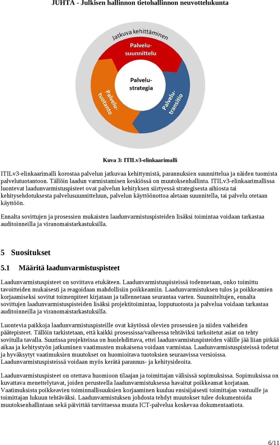 ITILv3-elinkaarimallissa luontevat laadunvarmistuspisteet ovat palvelun kehityksen siirtyessä strategisesta aihiosta tai kehitysehdotuksesta palvelusuunnitteluun, palvelun käyttöönottoa aletaan