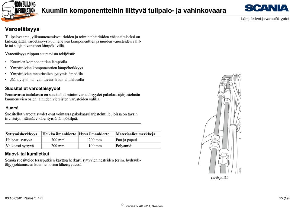 Varoetäisyys riippuu seuraavista tekijöistä: Kuumien komponenttien lämpötila Ympäröivien komponenttien lämpöherkkyys Ympäröivien materiaalien syttymislämpötila Jäähdytysilman vaihtuvuus kuumalla