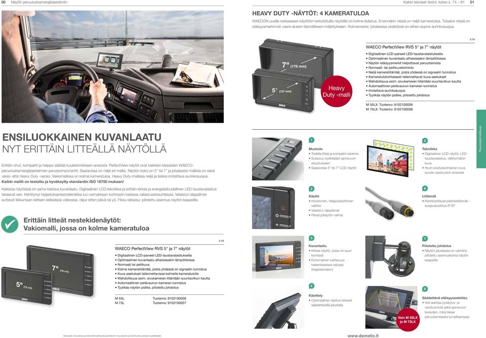 WAECO RVS 5" ja 7" näytöt 5" (127 mm) 7" (178 mm) Heavy Duty -malli Digitaalinen LCD-paneeli LED-taustavalaistuksella Optimaalinen kuvanlaatu alhaisissakin lämpötiloissa Näytön etäisyysmerkit