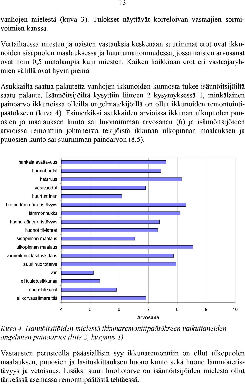 Kaiken kaikkiaan erot eri vastaajaryhmien välillä ovat hyvin pieniä. Asukkailta saatua palautetta vanhojen ikkunoiden kunnosta tukee isännöitsijöiltä saatu palaute.