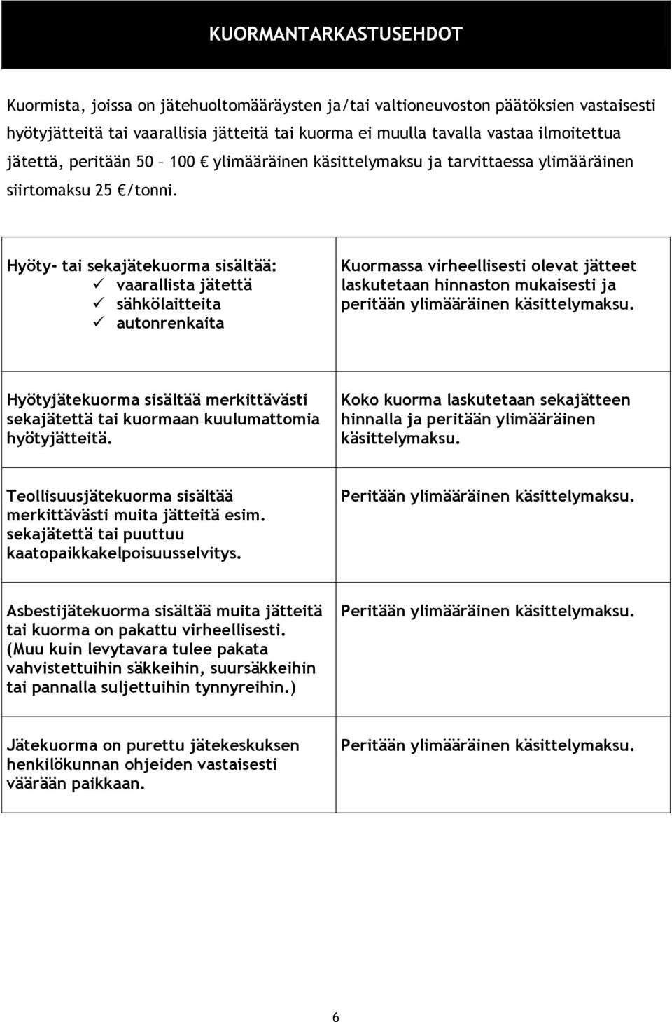 Hyöty- tai sekajätekuorma sisältää: vaarallista jätettä sähkölaitteita autonrenkaita Kuormassa virheellisesti olevat jätteet laskutetaan hinnaston mukaisesti ja peritään ylimääräinen käsittelymaksu.