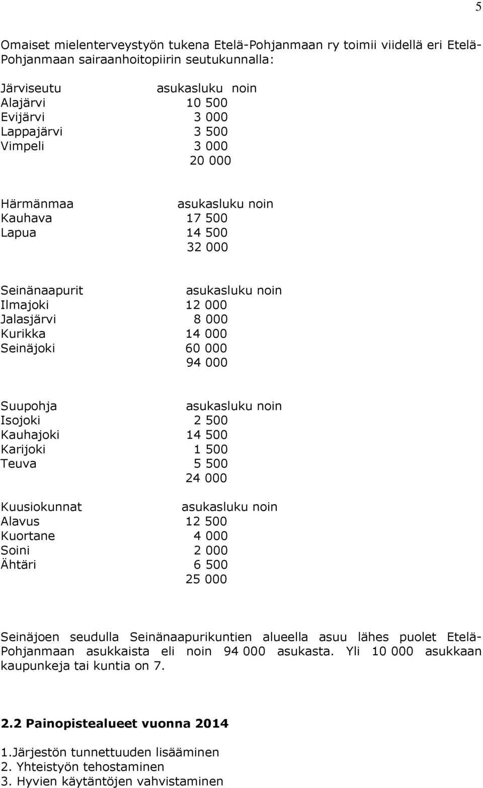 asukasluku noin Isojoki 2 500 Kauhajoki 14 500 Karijoki 1 500 Teuva 5 500 24 000 Kuusiokunnat asukasluku noin Alavus 12 500 Kuortane 4 000 Soini 2 000 Ähtäri 6 500 25 000 Seinäjoen seudulla