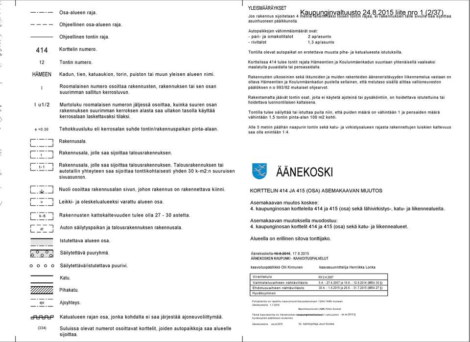 Autopaikkojen vähimmäismäärät ovat: - pi- ja omakotitalot 2 ap/asunto - rivitalot 1,3 ap/asunto Kaupunginvaltuusto 24.8.