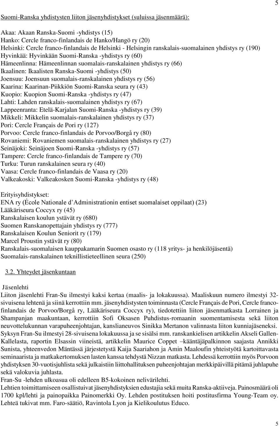 Ikaalinen: Ikaalisten Ranska-Suomi -yhdistys (50) Joensuu: Joensuun suomalais-ranskalainen yhdistys ry (56) Kaarina: Kaarinan-Piikkiön Suomi-Ranska seura ry (43) Kuopio: Kuopion Suomi-Ranska