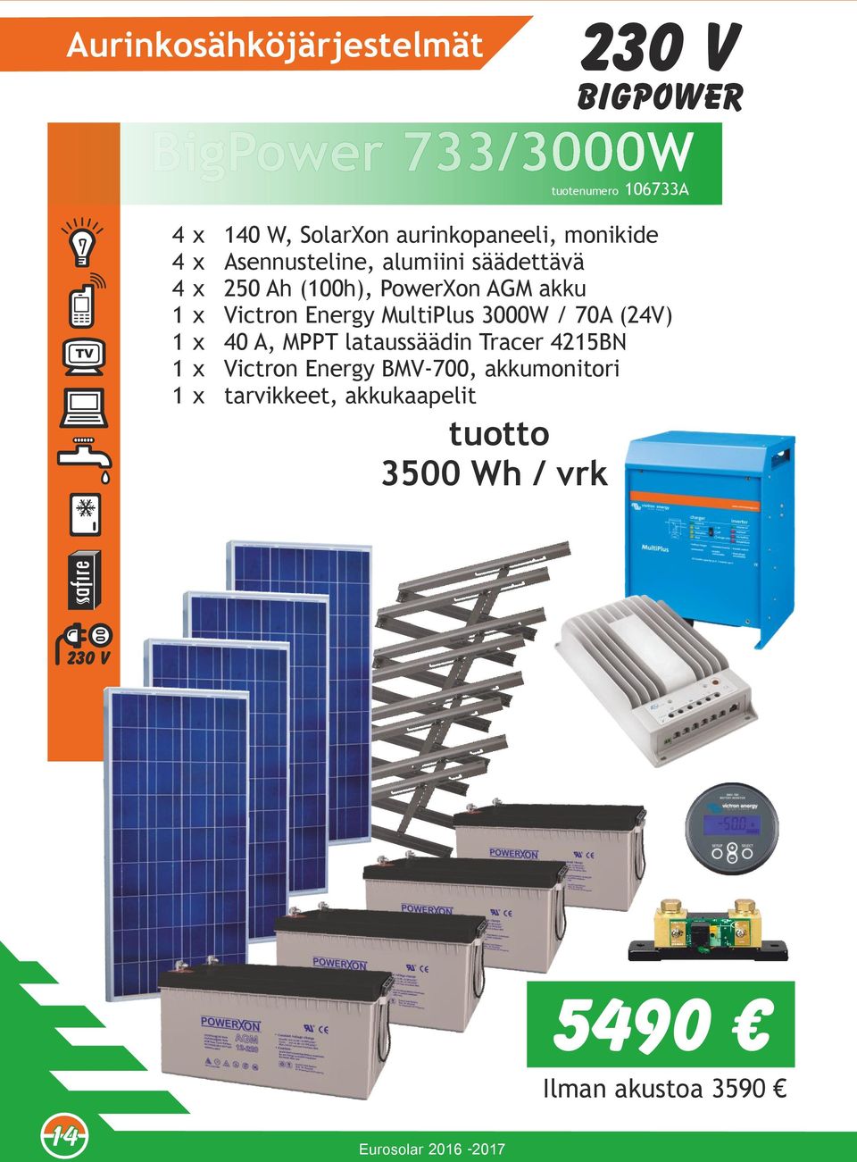 Victron Energy MultiPlus 3000W / 70A (4V) 1 x 40 A, MPPT lataussäädin Tracer 415BN 1 x Victron Energy