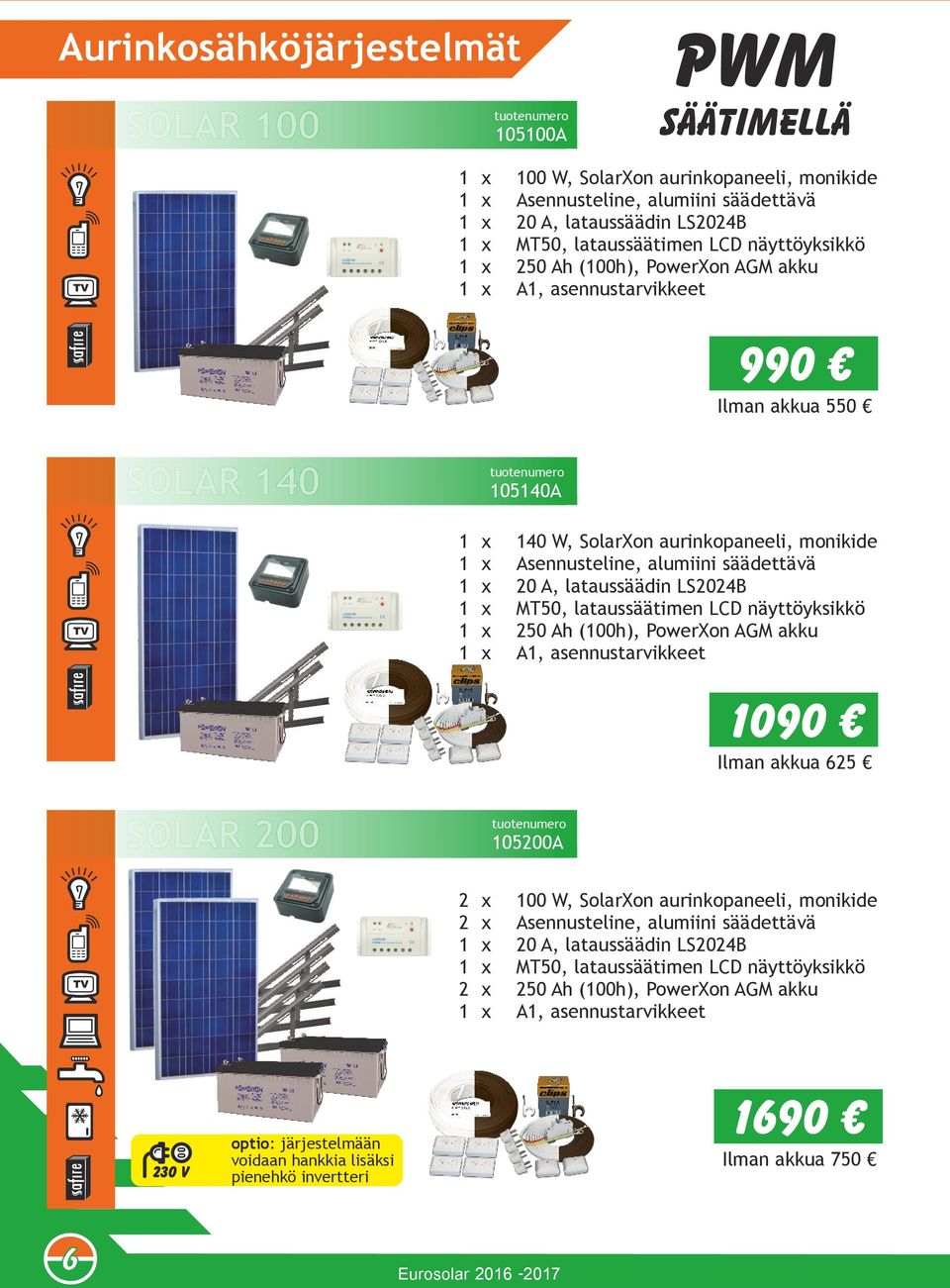 Asennusteline, alumiini säädettävä 1 x 0 A, lataussäädin LS04B 1 x MT50, lataussäätimen LCD näyttöyksikkö 1 x 50 Ah (100h), PowerXon AGM akku 1 x A1, asennustarvikkeet 1090 Ilman akkua 65 SOLAR 00